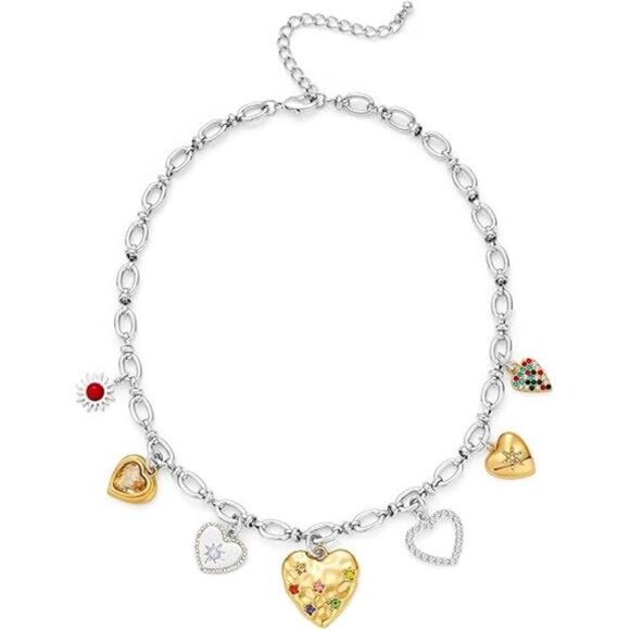 💖 Gold & Silver Puffy Heart Necklace | Crystal Charm Pendant - Picture 1 of 5